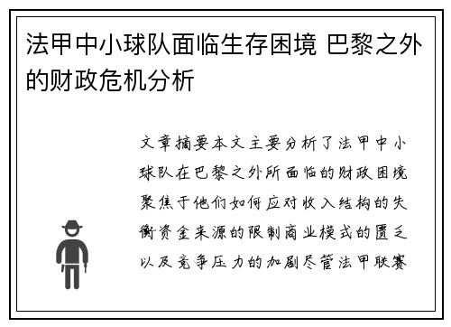 法甲中小球队面临生存困境 巴黎之外的财政危机分析