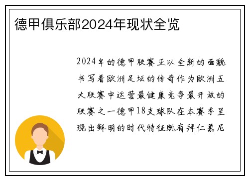 德甲俱乐部2024年现状全览