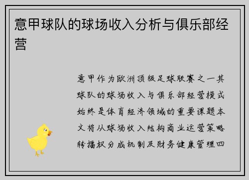 意甲球队的球场收入分析与俱乐部经营