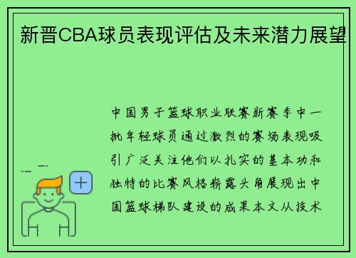 新晋CBA球员表现评估及未来潜力展望