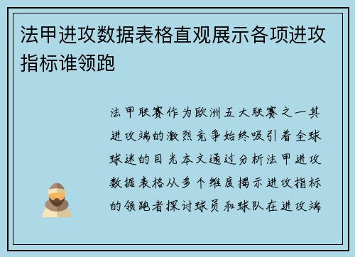 法甲进攻数据表格直观展示各项进攻指标谁领跑